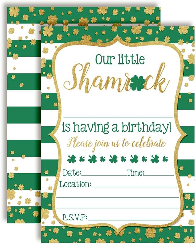 Our Little Shamrock St. Patrick’s Day Birthday Party Invitations, 20 5x7 Fill In Cards with Twenty White Envelopes by AmandaCreation