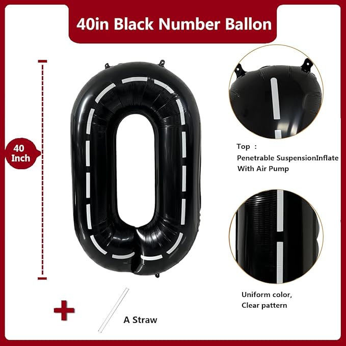 40 Inch Race Car Black Number Balloons Race Car Birthday Party Balloons Large Black Number 0 Balloons Boys 0th Birthday Party Race Car Theme Party Decorations Supplies（Digital 0）