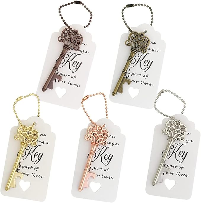 WODEGIFT 100 PCS Wedding Favors Key Bottle Openers,Bridal Shower Party Favors,Vintage Skeleton Key, Rustic Wedding Favors Decoration (5 colors mix and match)