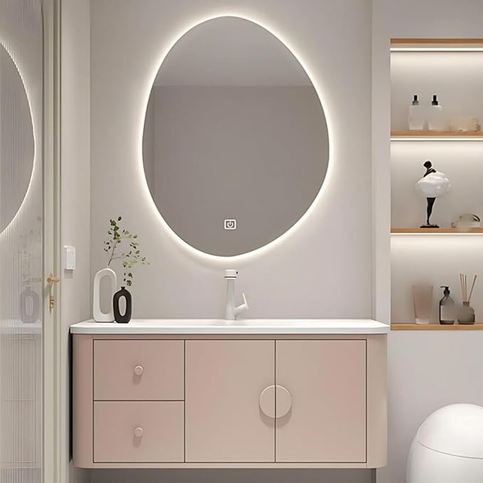 68IN Pink Modern Bathroom Vanity - Bathroom Vanities Set with 2 Drawers Wall Mounted | Rounded Corner Smart Defogging Mirror Cabinet with Lighting & Time Display, Side Opening Storage Shelf (Style B)