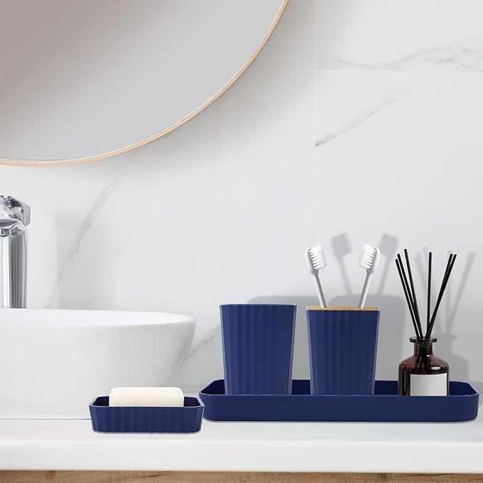 Blue Bathroom Set - Navy Blue Bathroom Accessories Set with with Trash Can,Toothbrush Holder,Toothbrush Cup,Soap Dispenser,Tray,Soap Dish,Toilet Brush,Qtip Holders for Bathroom Home Decor