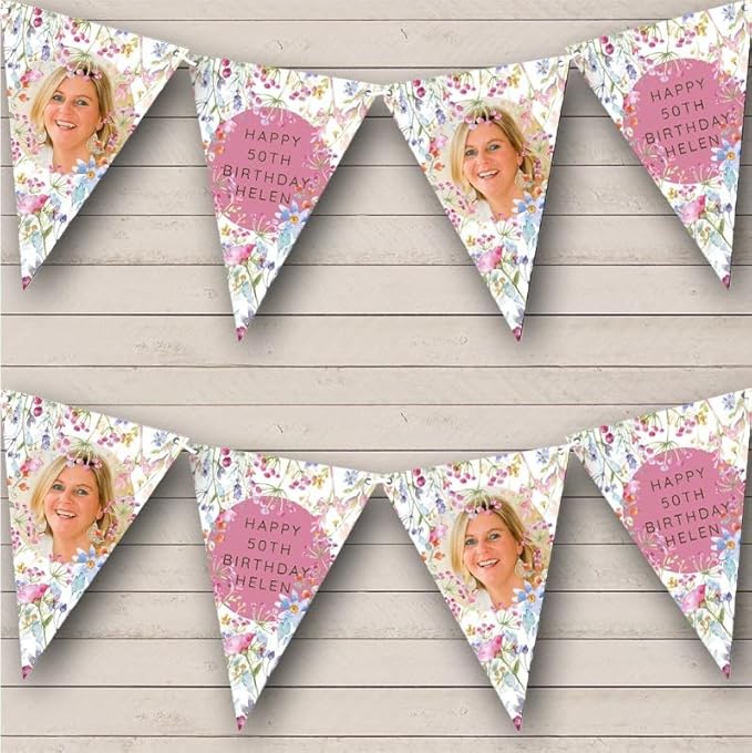 Watercolour Floral Happy Photo Personalized Birthday Party Bunting - Hanging Party Decoration - Birthday Party Banner Garland | Decorative Party Supplies