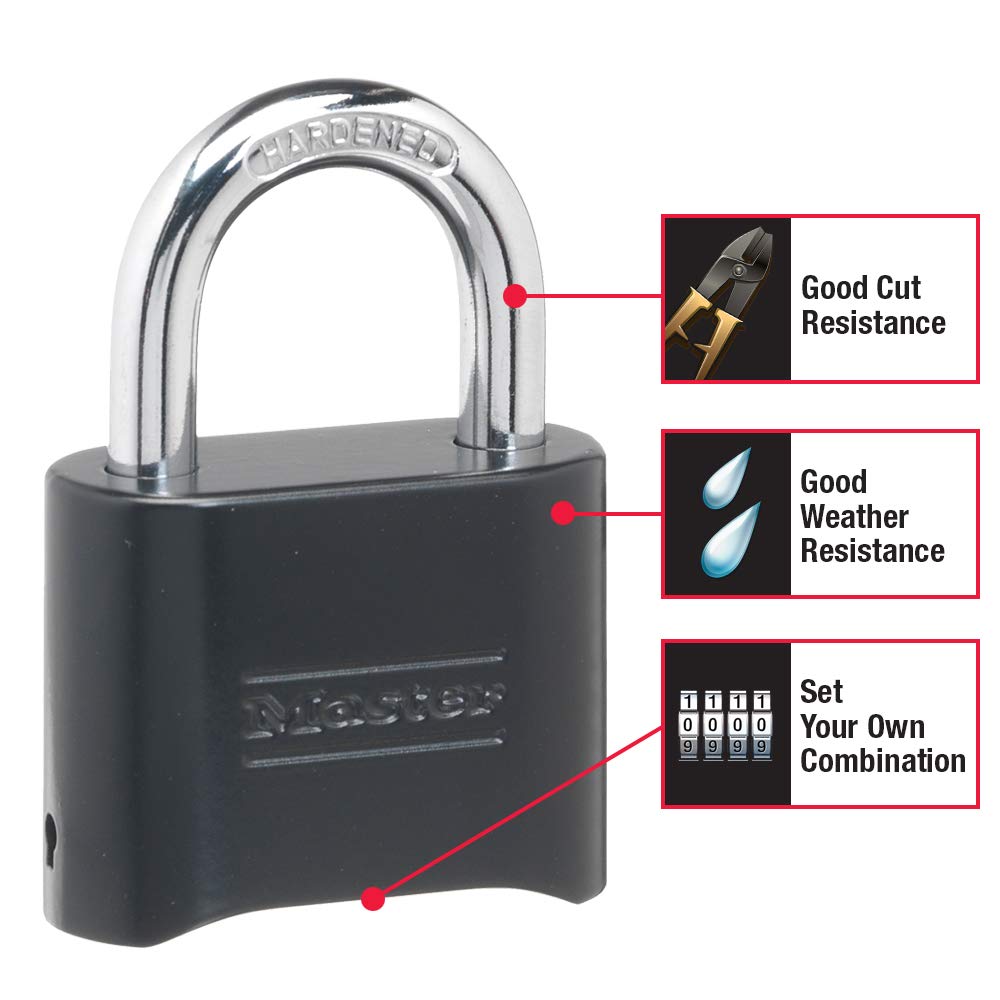 Master Lock Black Combination Padlock, Set Your Own Combo Lock, Weather Resistant Indoor and Outdoor Padlock with Code for Gym Locker, Gate, Shed, 178D
