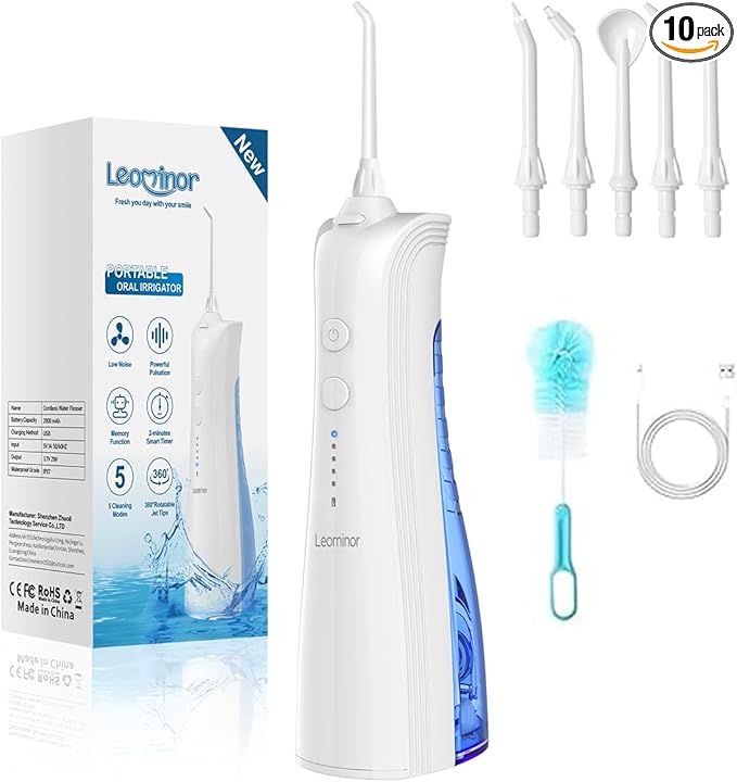 Leominor Water Dental Flosser - 5 Modes Cordless Portable Oral Irrigator, IPX7 Waterproof, Rechargeable Teeth Cleaner Upgrade Datchable Tank Professional Flossing Cleaning Pick for Home Travel (White)
