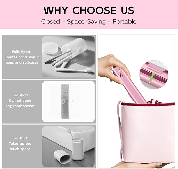 Travel Toothbrush Case, Portable Toothbrush Holder, Durable Aluminum Toothbrush Storage Box, Small Breathable Manual Toothbrush Container for Traveling, School, Camping, Business Trip - Pink