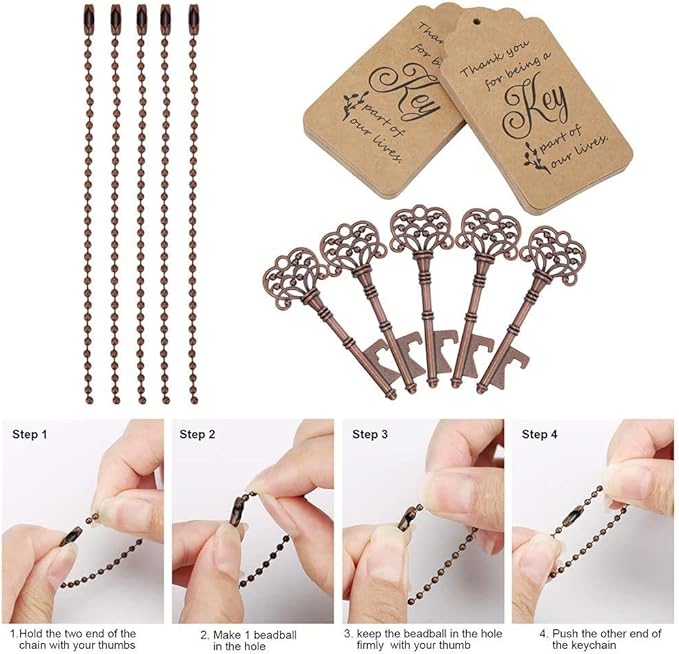 WODEGIFT 100 PCS Wedding Favors/ Party Favors Key Bottle Opener,Vintage Skeleton Key Bottle Openers with Escort Tag Cards and Key Chains(Red Copper)