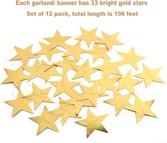 Gold Star Garland Banner Decorations - 156 Feet Bright Gold Paper Garland Hanging Decorations, Glitter Star Bunting Banner for Wedding, Birthday, Holiday, Christmas Party