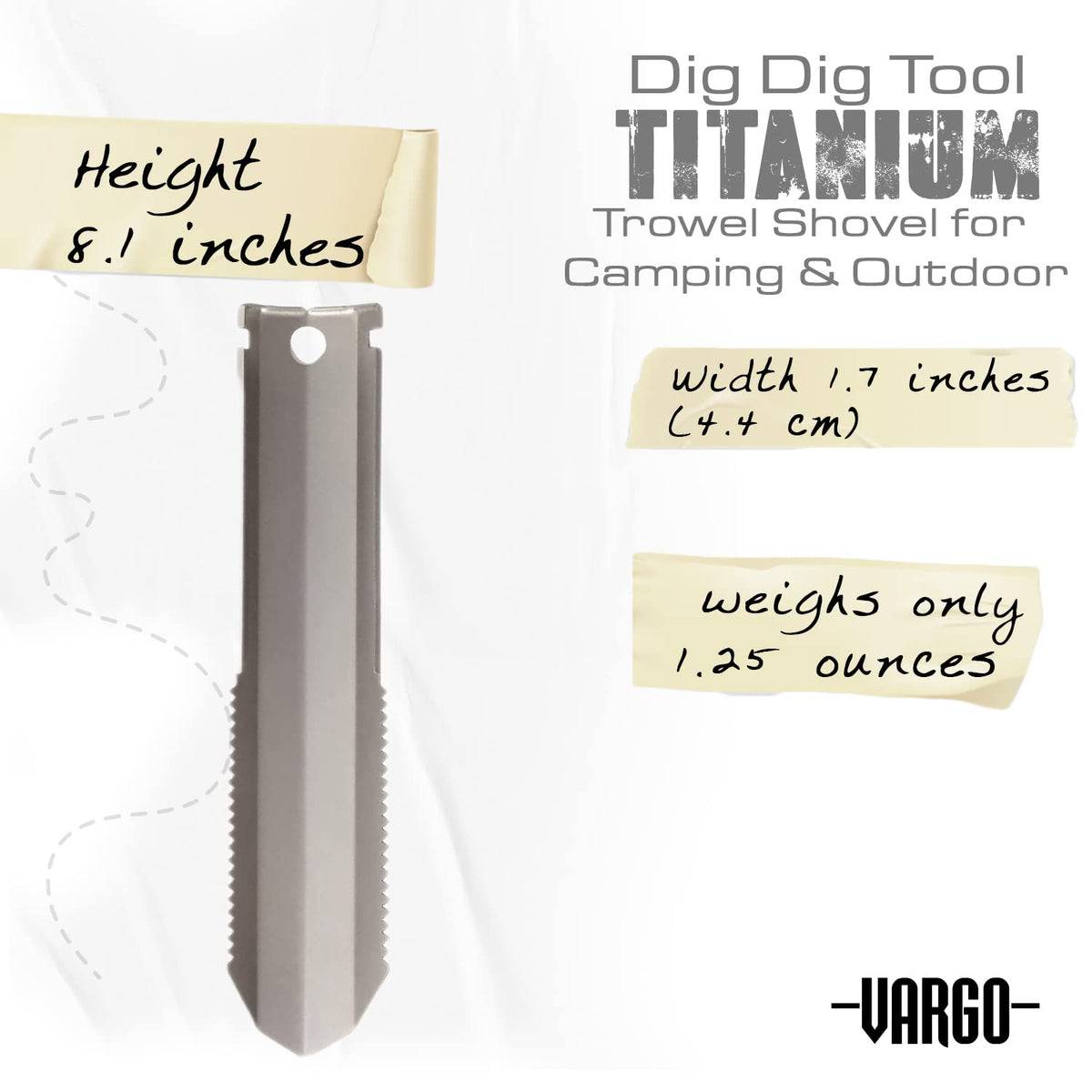 Vargo Titanium Dig Dig Tool | Compact Backpacking Trowel Shovel for Camping & Outdoor Activities | Light Weight Essential Multi Tool Shovel & Tent Stake for Hikers & Outdoor Survivors