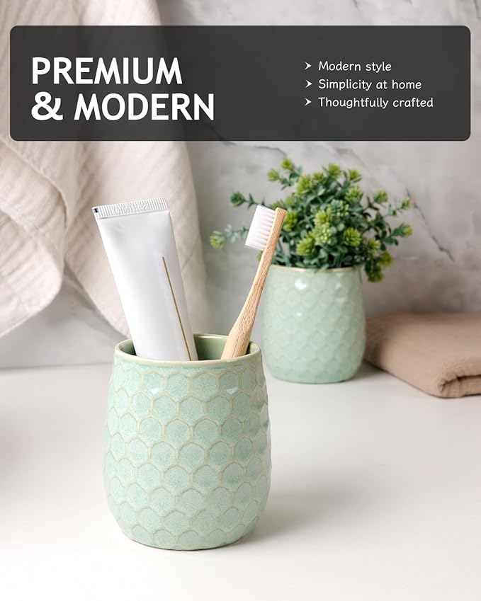 Toothbrush Holder, Tooth Brush Holder for Bathroom - Ceramic Toothbrush Cup Toothbrush Holders Countertop, Green Makeup Brush Holder Pen Holder, 3.62" x 3.62" x 3.93", ANTIS'S HOME