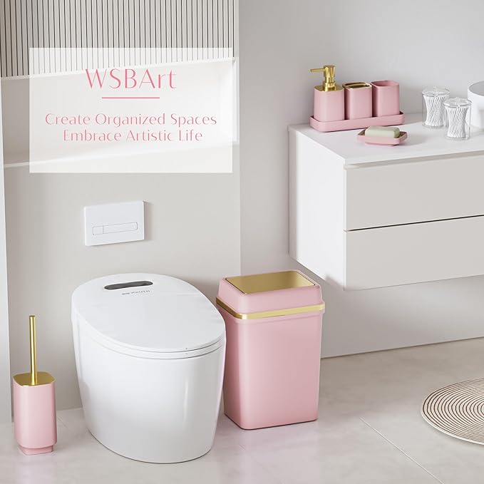 9PCS Bathroom Accessory Set, Pink Bathroom Set with Large-Capacity 4 Gallon Trash Can, Bathroom Accessories Set Complete, Toothbrush Holder, Soap Dispenser, Toilet Brush, Bathroom Decor