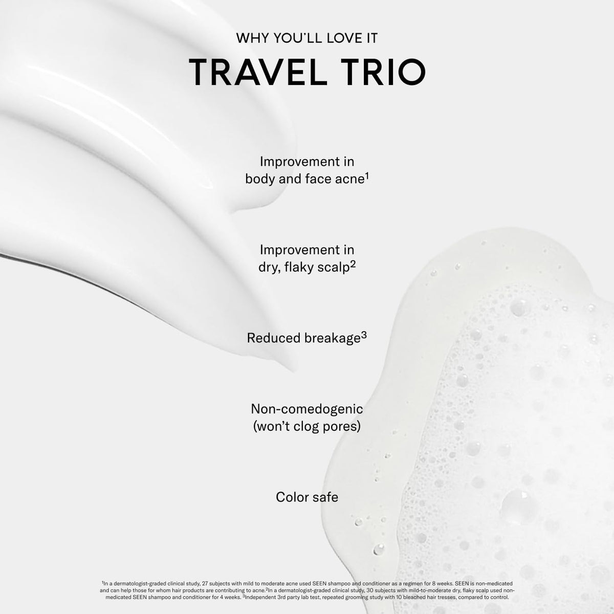 SEEN Travel Trio, Fragrance Free - Non-Comedogenic Blow-Out Hair Cream, Shampoo & Conditioner Set - Dermatologist-Developed- Reduces Frizz- Heat Protectant- Safe for Sensitive & Acne-Prone Skin