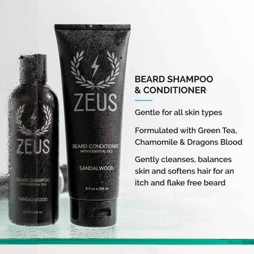 ZEUS Everyday Beard Kit for Men, Facial Hair Shampoo, Conditioner, Oil, Balm & Tin Gift Box, Premium Beard Care & Grooming Set (Made in USA) Sandalwood