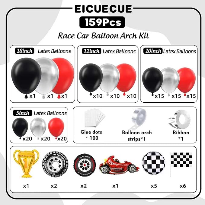 Race Car Balloons Arch Kit -Trophy, Flags, Cars, Tire, Checkered, Wheels and Red Black Silver Balloon Garland Kit for Racing Car Theme Two Fast 2nd Boy Birthday Anniversary Party Decorations