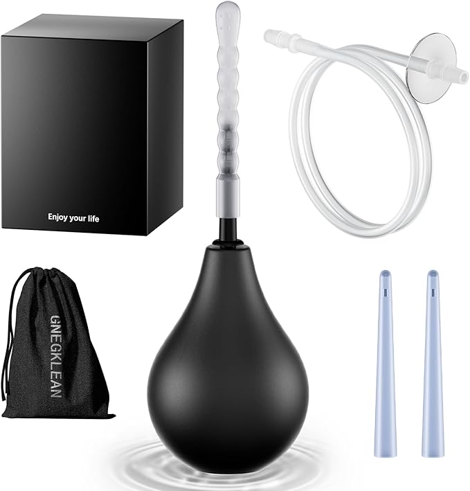 Black Silicone Enema Bulb Kit 7.6oz Clean Anal Douche for Men Women with 19.7in Hose+4 Replaceable Nozzle (Black)