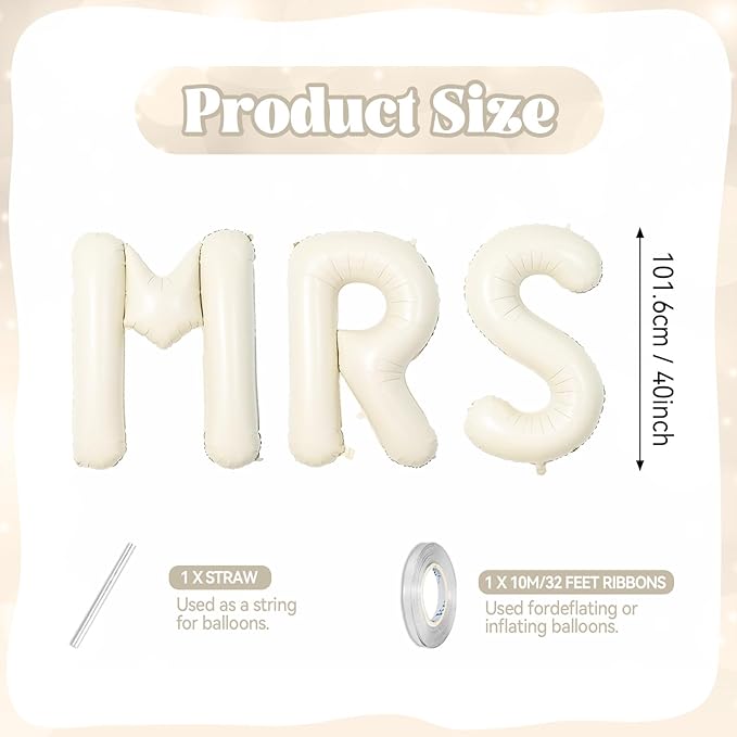 Biapian 40 Inch MRS Letter Balloons, Big Cream MRS Foil Balloons, 3 Pcs Giant Foil Large Aluminum Balloon Helium for Wedding Bride to Be Anniversary Couple Sweetheart Hen Party Decoration (Cream)