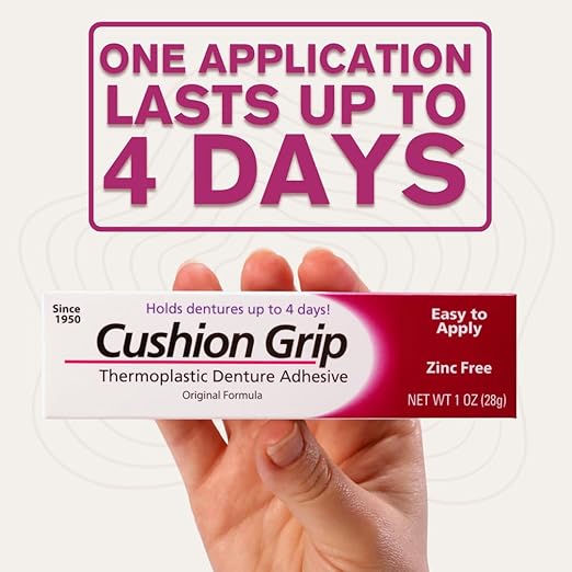 Cushion Grip Thermoplastic Denture Adhesive 1oz (12 Pack)–Extra Strong Hold Up to 4 Days, Unmatched Strength, Waterproof & Zinc Free, Relieves Sore Gums, Comfortable Refit, Long Lasting Denture Refit