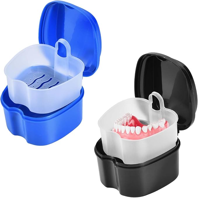 2 Pack Colors Denture Bath Case Cup Box Holder Storage Soak Container with Strainer Basket for Travel Cleaning (Blue and Black)