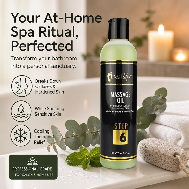Foot SPA Pedicure Massage Oil – Tea Tree, Peppermint & Eucalyptus Blend for Callus Softening & Cracked Heel Repair | Cooling Relief | Professional Salon & At-Home Use | 8 oz
