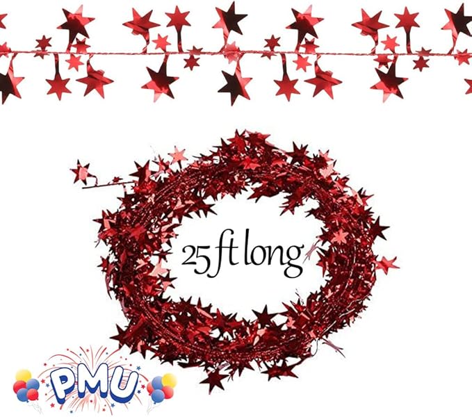 PMU 150 Ft Star Wire Shiny Garland Red - Halloween, Christmas Party, Wedding, Birthday, Festive Home Decoration Ornament Red (6pc-25Ft Each)