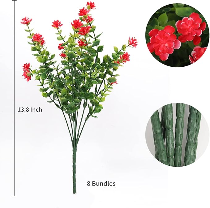 Outdoor Artificial Plant UV Resistant Fake Stems Plants, Faux Plastic Greenery for Indoor Outside Hanging Plants Garden Porch Window Box Home Wedding Farmhouse Outdoor Decorations for Patio (Red)