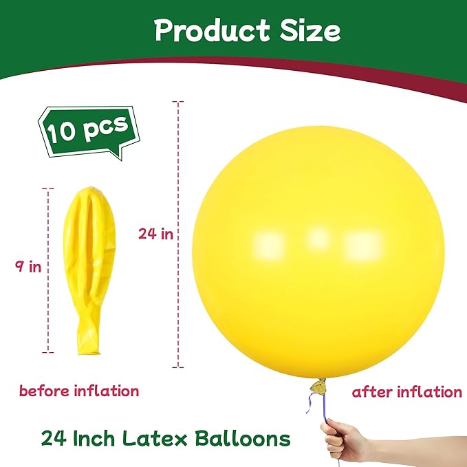 AZOWA 24 Inch Yellow Balloon 10 Large Latex Balloons for Party Wedding Birthday Baby Shower Decoration (Yellow, 10 Pcs)