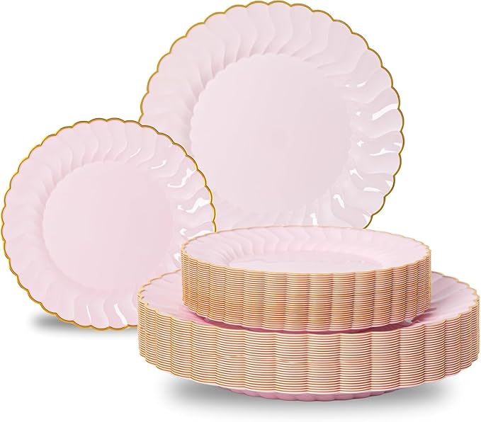 Lullaby 60PCS Pink Scalloped Plastic Plates with Gold Rim, Disposable Elegant Plates Include 30pcs Dinner Plate 10.25", 30pcs Dessert Plate 7.5", Perfect for Daily Use, Wedding and Party