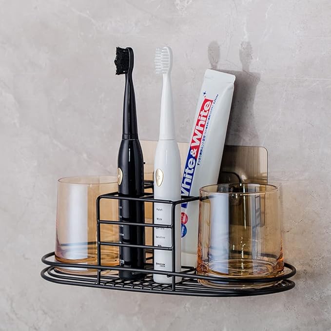 Toothbrush Holder with Cup Holder Electric Toothbrush Toothpaste Holder, Stainless Steel Bathroom Stand or Wall-Mounted Black
