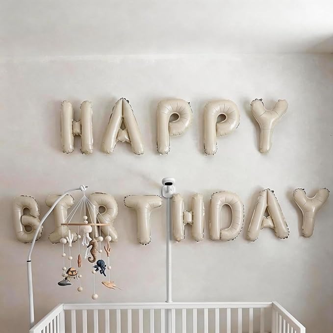 Happy Birthday Balloons Banner Beige,16 Inch Cream White Foil Letters Birthday Sign Banner Bunting for Boys Girls Men Women Birthday Party Supplies Decorations