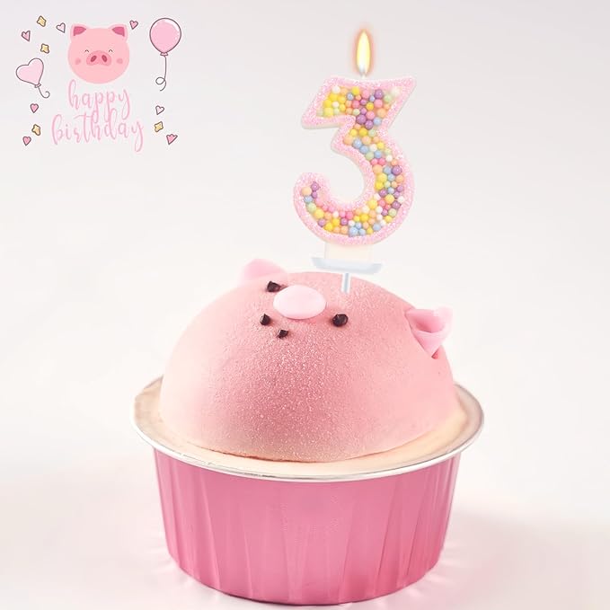 Birthday Candles for Girls - Number 3 Candle, Colorful Macaron Candles, 3 Cake Topper, 3rd Birthday Decorations for Girls, Pig Cartoon Theme Birthday Party Supplies (Pink)