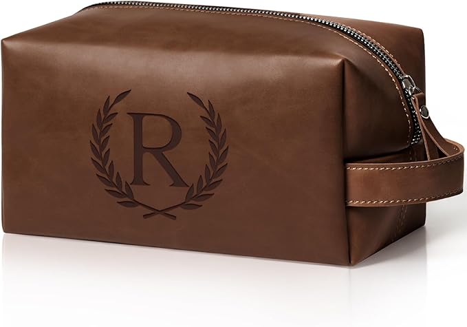 Travel Essentials Accessories Laser-Engraved Initial Toiletry Bag for Men, Personalized PU Leather Waterproof Travel Size Toiletries Storage Organizer Shaving Bag for Men, Reddish Brown R