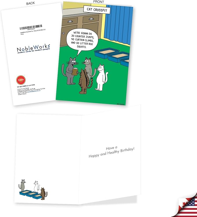 NobleWorks Assortment Pack of 3 Hysterical Birthday Greeting Cards with Envelopes for Men and Women (3 Designs, 1 Each) Kitten Fitness VC10012BDG-C1x3