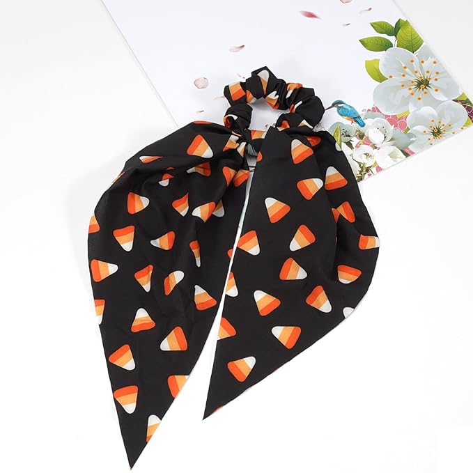 Halloween Hair Ties for Woman Girls Corn Candy Moon Star Hair Scrunchies Spooky Black Orange Elastic Ribbon Bow Hair Tie Halloween Party Supplies Hair Accessories 2PCS