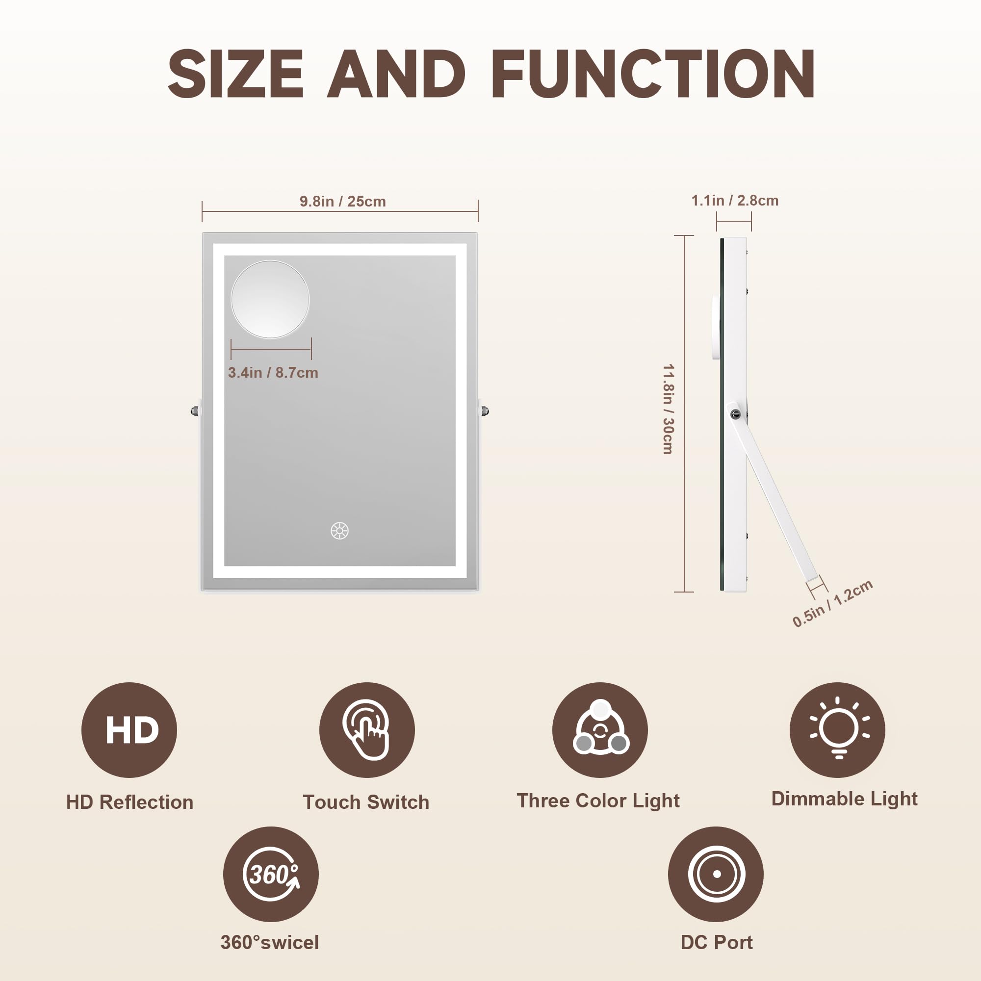 MINISO Vanity Mirror with Lights, 9.8" x 11.8" LED Makeup Mirror, Light & Brightness Adjustment, Smart Sensor, Aluminum Alloy Metal White Frame, with 5X Magnifying Glass