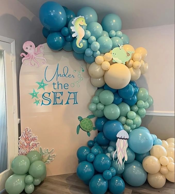 Under the Sea Party Decorations, 154pcs Slate Blue Mist Green Balloon Garland Arch Kit, Bubble Balloons with Dolphin Shark Hippocampus Foil Balloon for Ocean Birthday Party Supplies Shark Party Decor