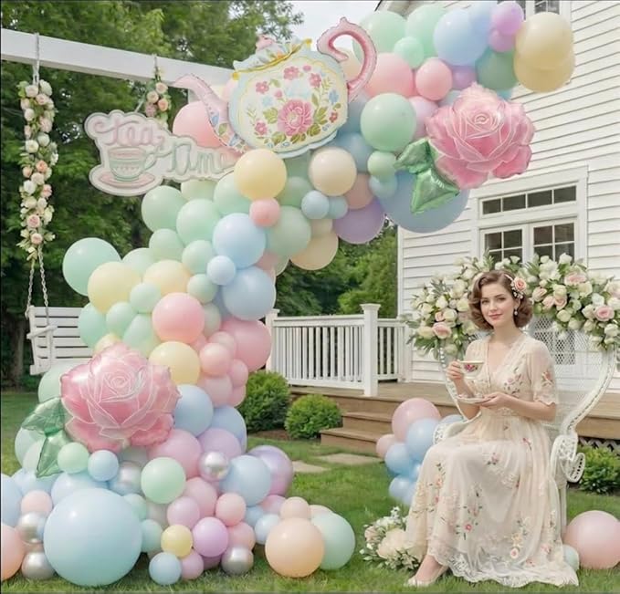 Green and Pink Balloon Garland 138Pcs Pastel Green Pink and Purple Balloons Arch Kit with Teapot Foil Balloon for Spring Tea Party Lets Partea Baby Shower Happy Easter Birthday Party Decorations