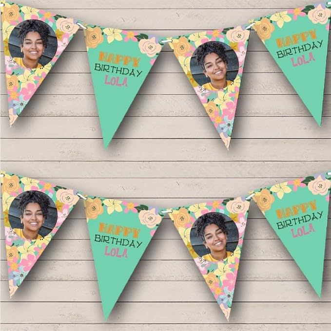 Green Pink Pastel Flowers Photo Personalized Birthday Party Bunting - Hanging Party Decoration - Birthday Party Banner Garland | Decorative Party Supplies
