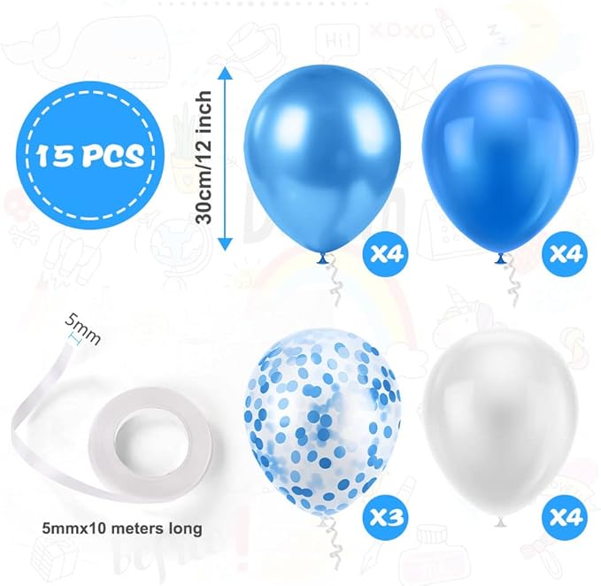 Ainiv 15pcs Blue Thicken Party Balloons with Ribbon & Confetti, Metallic Latex Balloons for Baby Showers, Weddings, Graduations & Birthdays