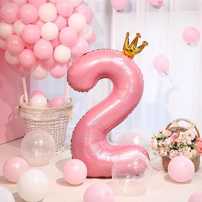40 inch Pink Number 2 Balloon with Crown, Pink Crown Balloons 0-9 for 2nd Birthday Party Anniversary Decorations Supplies