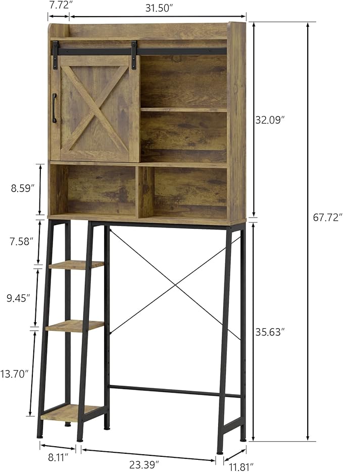 Farmhouse Storage Cabinet Over Toilet with Sliding Door & Toilet Paper Holder Stand, Space-Saving Bathroom Rack