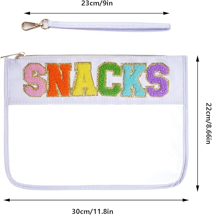 Chenille Letter Bag, Multi-purpose Nylon Clear Makeup Cosmetic Bags Flat Pouches with Zipper for Travel, Gym, Beach (White-Snacks)