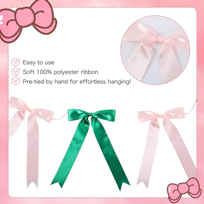 2 Strings Bow Garland Pink Green Bow Garland Banner Hanging Birthday Decorations for Party Decorations Bachelorette Wedding Party Baby Shower Graduation 16pcs