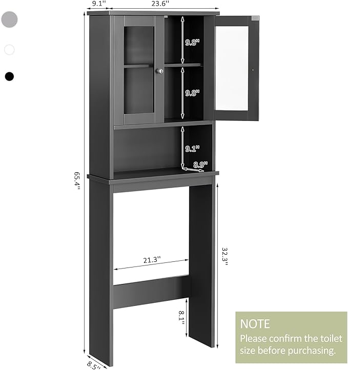 Meilocar Over The Toilet Storage Cabinet, Bathroom Storage Cabinet Over Toilet, Space Saver with 2 Tempered Glass Doors, Grey