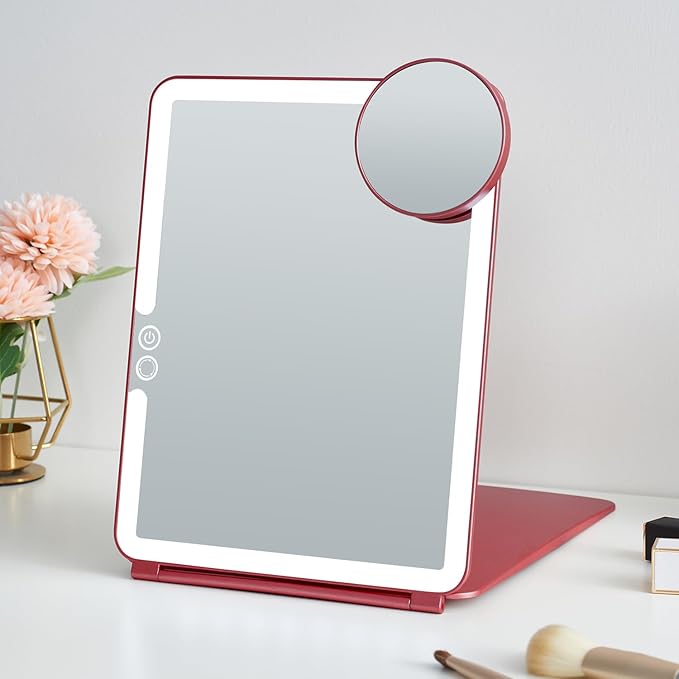 Mocado LED Travel Makeup Mirror, Rechargeable Vanity Mirror with Lights, Portable Mirror with Lights - 7x9 inches, 3 Colors Light, Foldable, Dimmable Touch Screen, Travel Essential (Wine Red)
