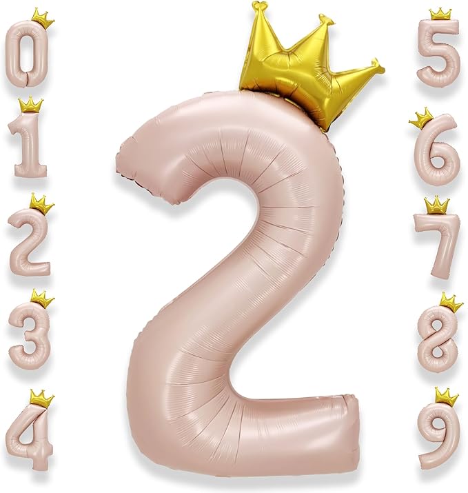 AULE 40 Inch Big Pink 2 Balloon Number with Crown Large Foil Helium Number Balloons 0-9 Jumbo Giant Happy 2nd Birthday Party Decorations Huge Mylar Anniversary Party Supplies