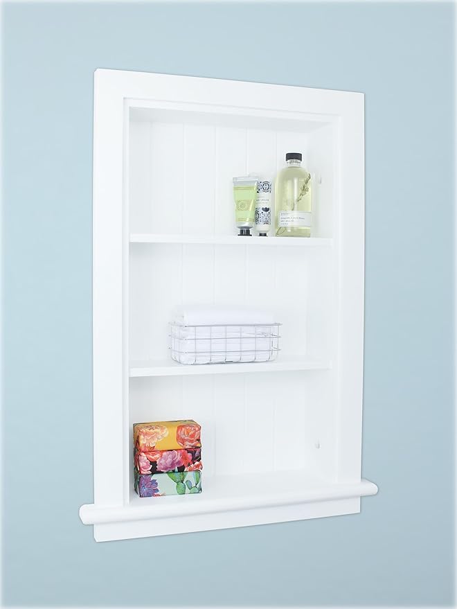 14x24 Recessed Wood Bathroom Niche Medicine Cabinet Replacement w/ Ledge, Wall Niche Medicine Cabinet Replacement, In The Wall Between Studs Bathroom Cabinet Insert Shelf/Shelves, Beadboard, White