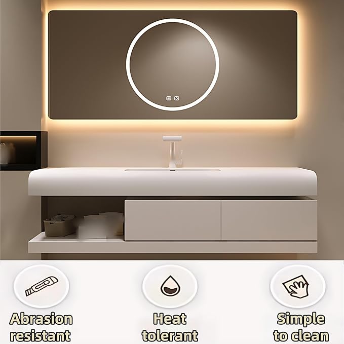 56IN Bathroom Vanity with Sink - Bathroom Cabinet Set has 2 Drawers & Overflow Hole Wall Mounted | LED Practical Defogging Mirror, Open Compartments, Seamless Rock Slab Basin (Khaki)