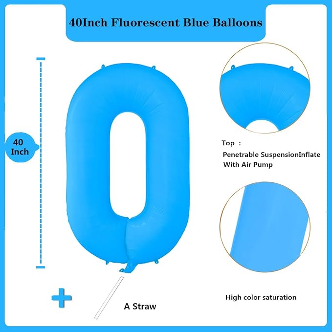 Fluorescent Blue Number Balloon 40 inch Giant Foil Helium Balloons Blue Number 0 Balloon for Birthday Party Decorations