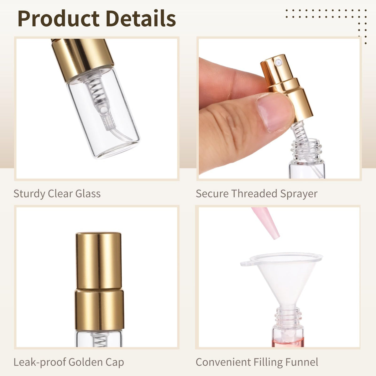 Lnrueg 100 Pcs Mini Spray Bottles, 0.07 oz/2 ml Refillable Glass Perfume Bottles, Portable Travel Sample Containers with Caps, Fine Mist Atomizers with 4 Funnels and 4 Dispensers, Gold