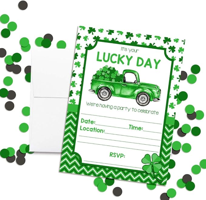 Lucky Day Truck with Clover Birthday St. Patrick’s Day Party Invitations, 20 5x7 Fill In Cards with Twenty White Envelopes by AmandaCreation