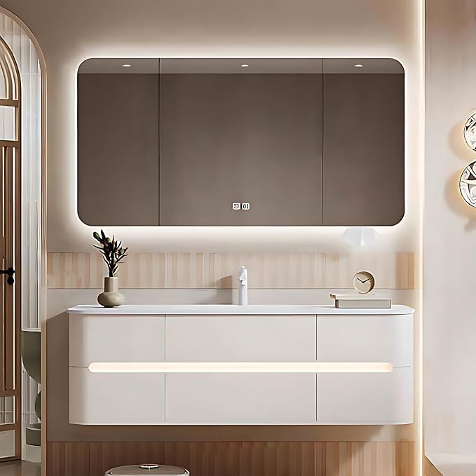 72IN Bathroom Vanity - Bathroom Vanity with Sink with Intelligent Induction Light | Wall-Mounted Bathroom Vanity with Intelligent LED Mirror Cabinet & 6 Drawers, Cream Color